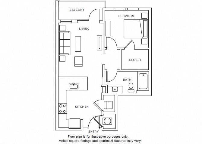 Floor plan for 1 bed, 1 bath, 696 sqft